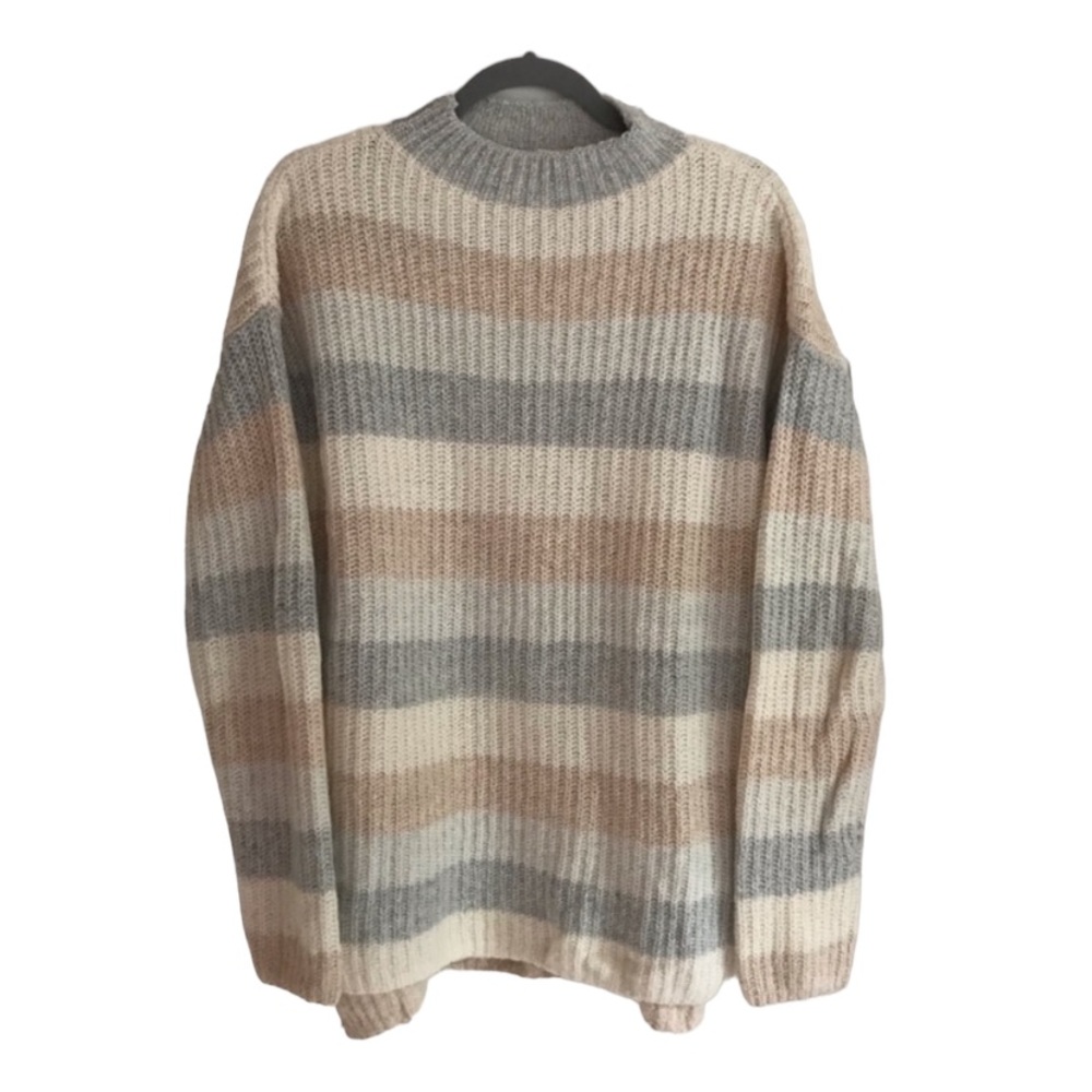 Gap Women Wool & Cotton Ivory, Gray& Peach High Neck Ribbed Knit Sweater Sz XL